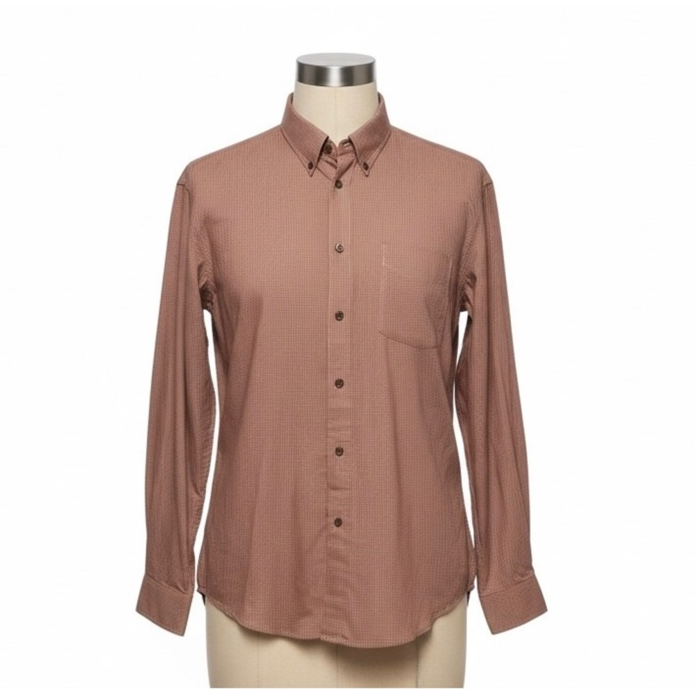 Geoffrey Beene Mens Dress Shirt Large Brown Checkered Button Down Long Sleeve